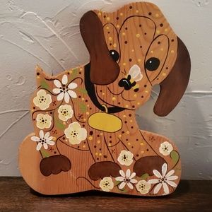 Vintage Hand Painted Puppy and Bee Wooden Plaque